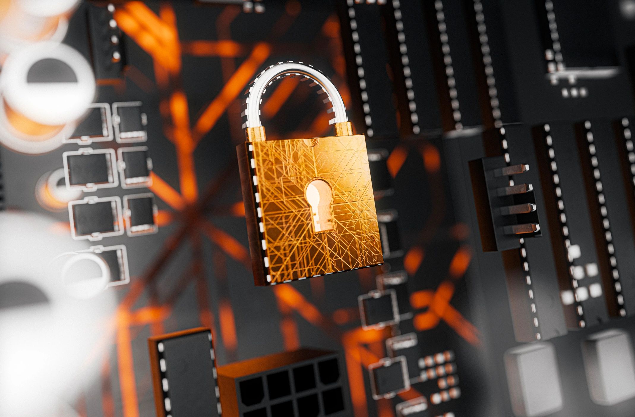 Padlock on circuit board representing identity and access security